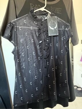 Killstar Black Mesh Ruffle Button-Up Moon Print Top Sheer